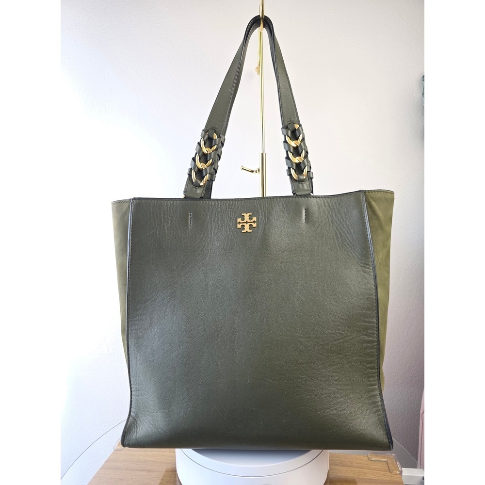Tory Burch McGraw Mixed-Materials Tote Olive Green Leather Suede Gold Chain Bag